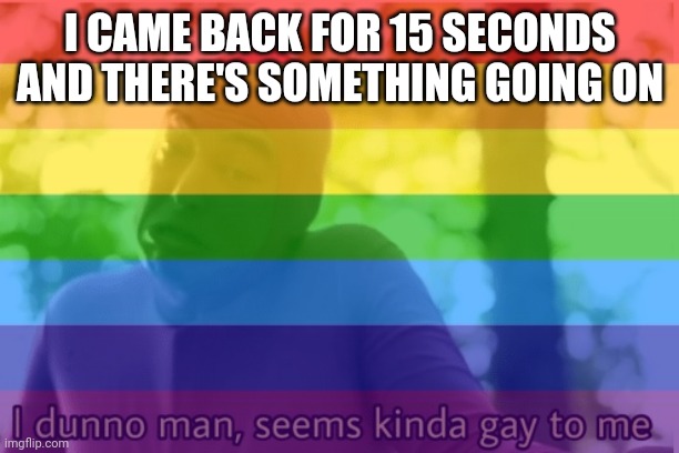 I dunno man, seems kinda gay to me | I CAME BACK FOR 15 SECONDS AND THERE'S SOMETHING GOING ON | image tagged in i dunno man seems kinda gay to me | made w/ Imgflip meme maker