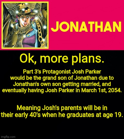 Ok, more plans. Part 3's Protagonist Josh Parker would be the grand son of Jonathan due to Jonathan's own son getting married, and eventually having Josh Parker in March 1st, 2054. Meaning Josh's parents will be in their early 40's when he graduates at age 19. | image tagged in jonathan | made w/ Imgflip meme maker