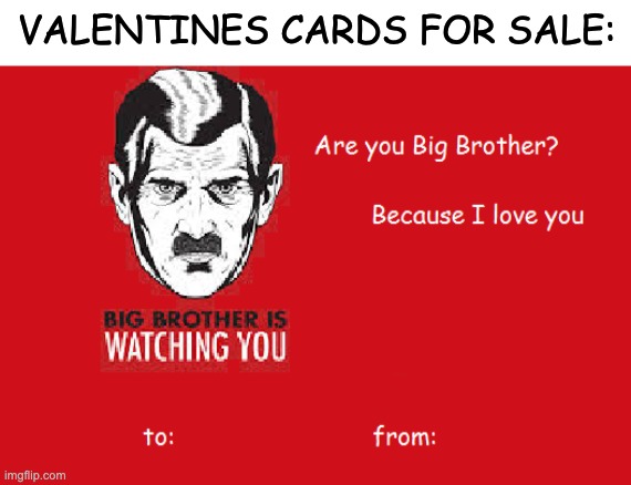 Like it? Valentines Day is in 5 months but it's never too early to love Big Brother. | VALENTINES CARDS FOR SALE: | image tagged in blank white template,memes,unfunny | made w/ Imgflip meme maker