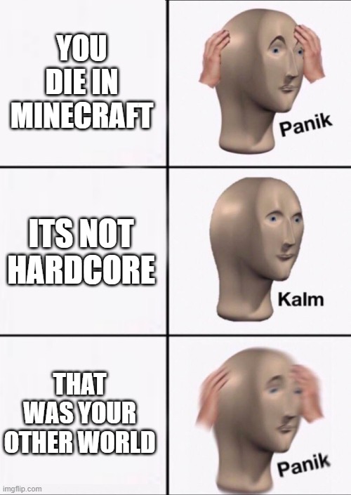 Stonks Panic Calm Panic | YOU DIE IN MINECRAFT; ITS NOT HARDCORE; THAT WAS YOUR OTHER WORLD | image tagged in stonks panic calm panic | made w/ Imgflip meme maker