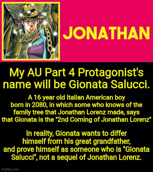 Gionata Salucci, protagonist of part 4 | My AU Part 4 Protagonist's name will be Gionata Salucci. A 16 year old Italian American boy born in 2080, in which some who knows of the family tree that Jonathan Lorenz made, says that Gionata is the "2nd Coming of Jonathan Lorenz"; In reality, Gionata wants to differ himself from his great grandfather, and prove himself as someone who is "Gionata Salucci", not a sequel of Jonathan Lorenz. | image tagged in jonathan | made w/ Imgflip meme maker