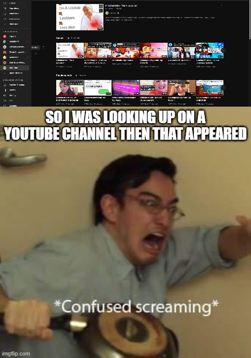 SO I WAS LOOKING UP ON A YOUTUBE CHANNEL THEN THAT APPEARED | image tagged in filthy frank confused scream | made w/ Imgflip meme maker