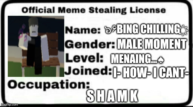 Meme Stealing License | ๖۶BING CHILLING   ҉; MALE MOMENT; MENAING...♠; I- HOW- I CANT-; S H A M K | image tagged in meme stealing license | made w/ Imgflip meme maker