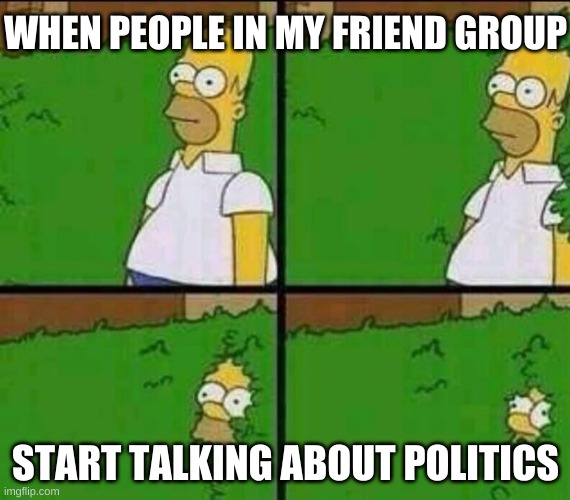 First politics submission | WHEN PEOPLE IN MY FRIEND GROUP; START TALKING ABOUT POLITICS | image tagged in homer simpson in bush - large,friends | made w/ Imgflip meme maker