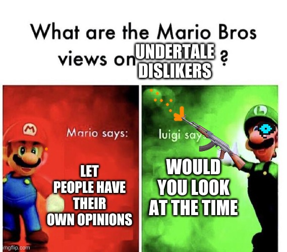 Mario Bros Views | UNDERTALE DISLIKERS; WOULD YOU LOOK AT THE TIME; LET PEOPLE HAVE THEIR OWN OPINIONS | image tagged in mario bros views,would you look at the time | made w/ Imgflip meme maker