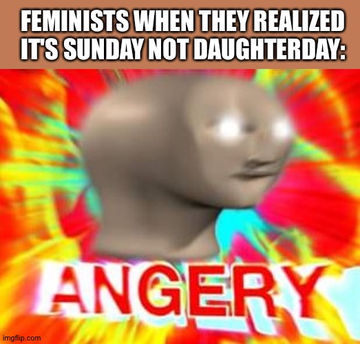 Anger | FEMINISTS WHEN THEY REALIZED IT'S SUNDAY NOT DAUGHTERDAY: | image tagged in surreal angery | made w/ Imgflip meme maker