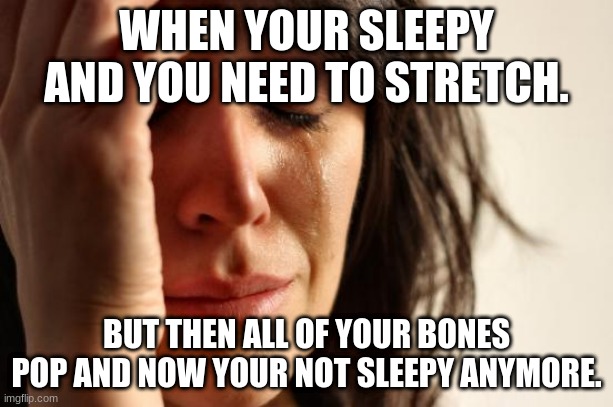 Meme | WHEN YOUR SLEEPY AND YOU NEED TO STRETCH. BUT THEN ALL OF YOUR BONES POP AND NOW YOUR NOT SLEEPY ANYMORE. | image tagged in memes,first world problems | made w/ Imgflip meme maker