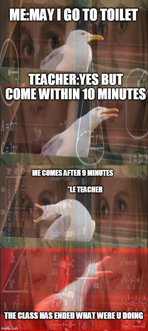 RELATABLE | ME:MAY I GO TO TOILET; TEACHER:YES BUT COME WITHIN 10 MINUTES; ME COMES AFTER 9 MINUTES                                             *LE TEACHER; THE CLASS HAS ENDED WHAT WERE U DOING | image tagged in memes | made w/ Imgflip meme maker