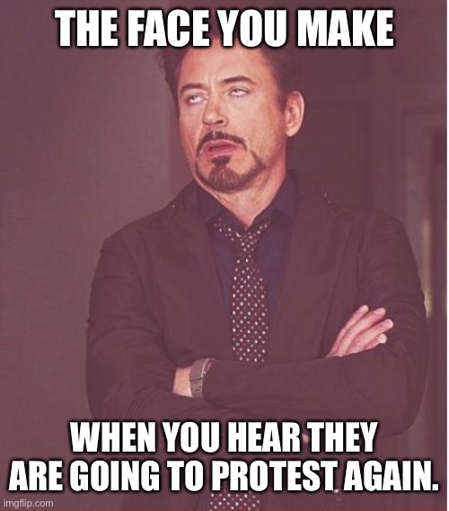 Face You Make Robert Downey Jr | THE FACE YOU MAKE; WHEN YOU HEAR THEY ARE GOING TO PROTEST AGAIN. | image tagged in memes,face you make robert downey jr | made w/ Imgflip meme maker