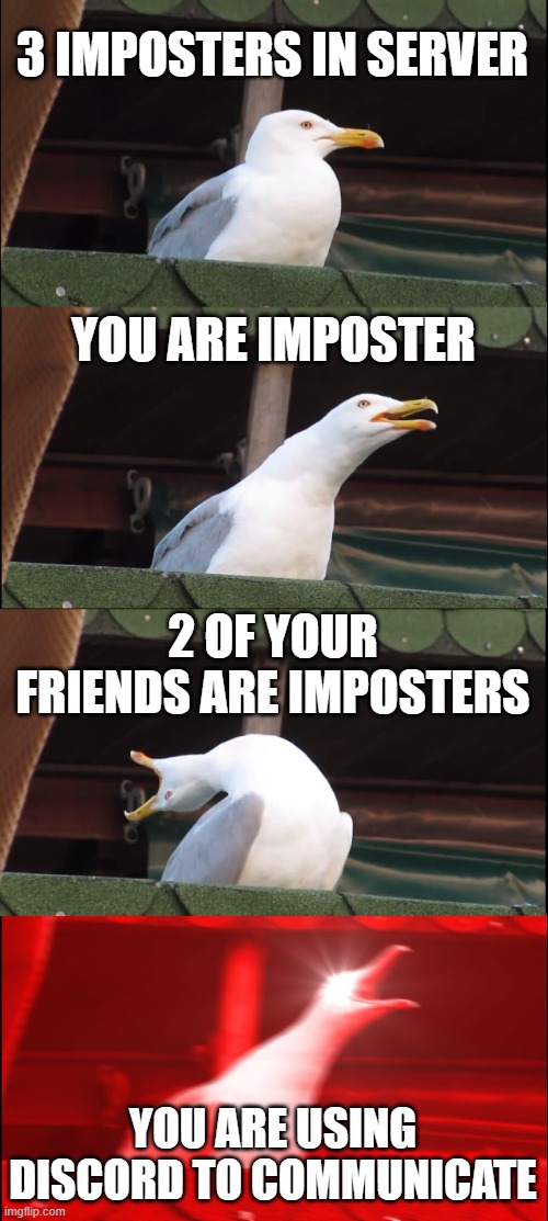 Inhaling Seagull | 3 IMPOSTERS IN SERVER; YOU ARE IMPOSTER; 2 OF YOUR FRIENDS ARE IMPOSTERS; YOU ARE USING DISCORD TO COMMUNICATE | image tagged in memes,inhaling seagull | made w/ Imgflip meme maker