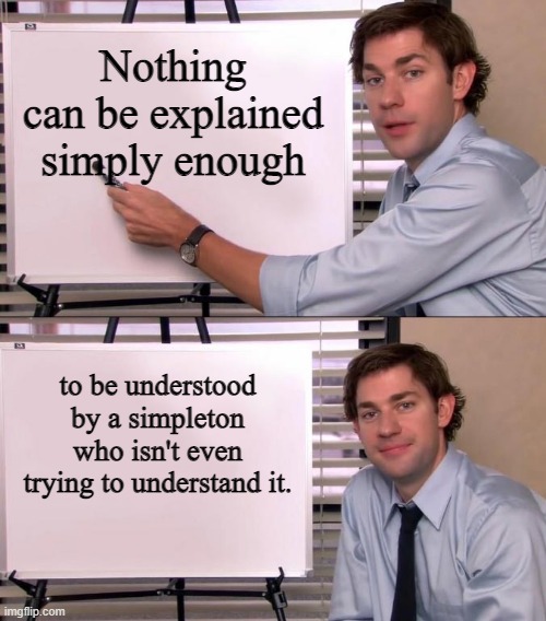 Do You Understand? | Nothing can be explained simply enough; to be understood by a simpleton who isn't even trying to understand it. | image tagged in jim halpert explains,simple,simpleton,understand,you can't explain that,simple explanation professor | made w/ Imgflip meme maker