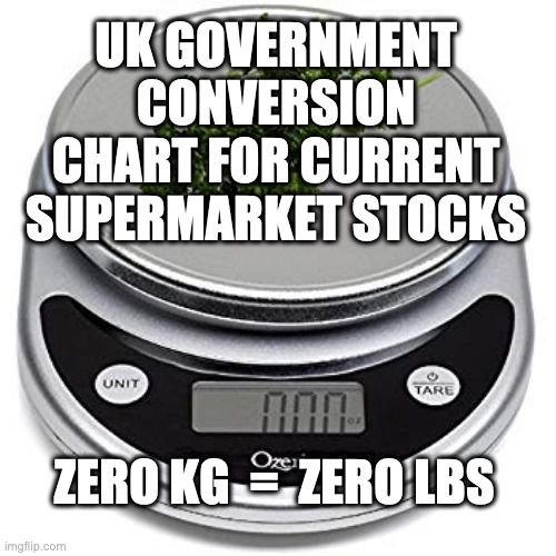 Nothing for Nothing | UK GOVERNMENT CONVERSION CHART FOR CURRENT SUPERMARKET STOCKS; ZERO KG  =  ZERO LBS | image tagged in scales,brexit,uk government | made w/ Imgflip meme maker
