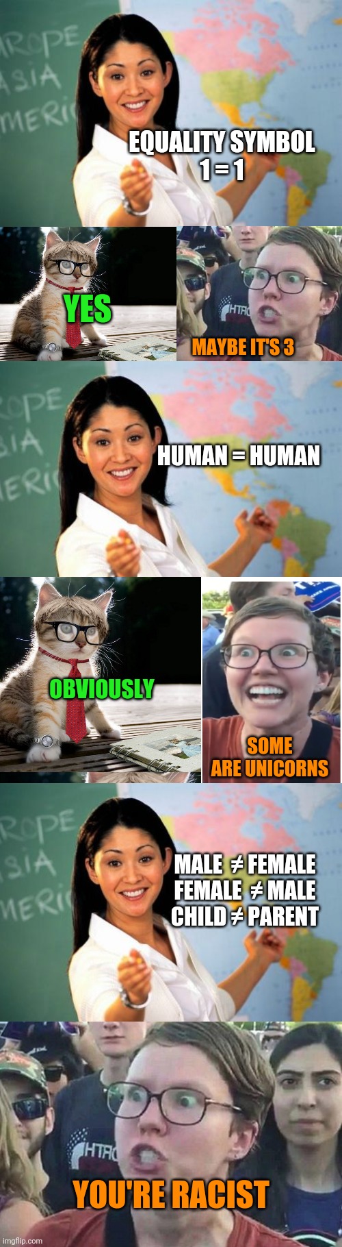 Back to basics | EQUALITY SYMBOL

1 = 1; YES; MAYBE IT'S 3; HUMAN = HUMAN; OBVIOUSLY; SOME ARE UNICORNS; MALE  ≠ FEMALE
FEMALE  ≠ MALE
CHILD ≠ PARENT; YOU'RE RACIST | image tagged in cat teacher meme,trigerred class meme,equality symbol meme,1 equals 1 meme,logic meme | made w/ Imgflip meme maker