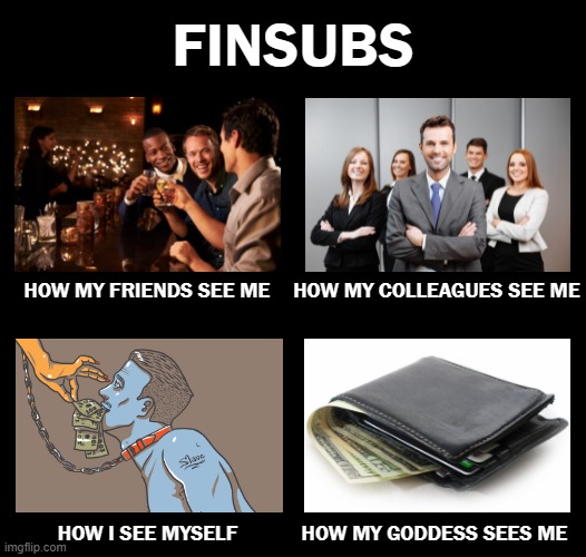 How they see Findom | FINSUBS; HOW MY FRIENDS SEE ME; HOW MY COLLEAGUES SEE ME; HOW I SEE MYSELF; HOW MY GODDESS SEES ME | image tagged in memes | made w/ Imgflip meme maker