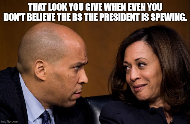 Corey Booker and Kamala Harris | THAT LOOK YOU GIVE WHEN EVEN YOU DON'T BELIEVE THE BS THE PRESIDENT IS SPEWING. | image tagged in corey booker and kamala harris | made w/ Imgflip meme maker