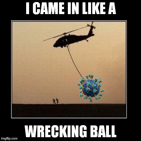[Inspired by ChristopherSol] | image tagged in covid i came in like a wrecking ball,wrecking ball,covid-19,coronavirus | made w/ Imgflip meme maker