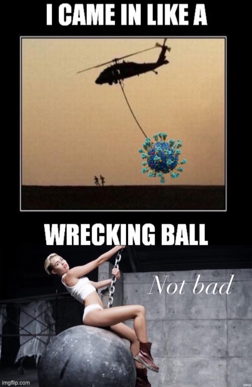 Miley appreciates the effort | image tagged in wrecking ball,miley cyrus,covid-19,helicopter,coronavirus,not bad | made w/ Imgflip meme maker