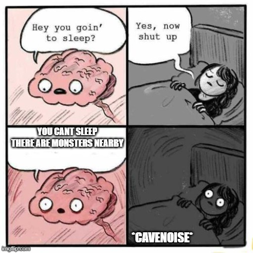 Hey you going to sleep? | YOU CANT SLEEP THERE ARE MONSTERS NEARBY; *CAVENOISE* | image tagged in hey you going to sleep | made w/ Imgflip meme maker