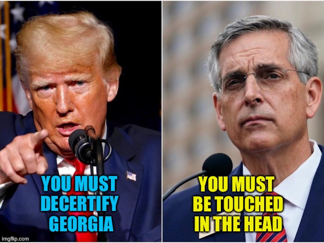 Delusional | YOU MUST 
BE TOUCHED
IN THE HEAD; YOU MUST 
DECERTIFY 
GEORGIA | image tagged in trump v raffensperger | made w/ Imgflip meme maker