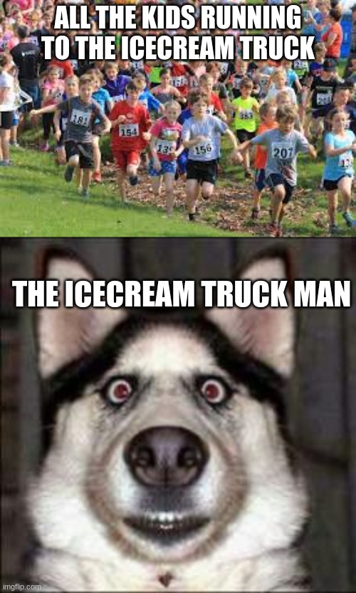 funny | ALL THE KIDS RUNNING TO THE ICECREAM TRUCK; THE ICECREAM TRUCK MAN | image tagged in funny | made w/ Imgflip meme maker