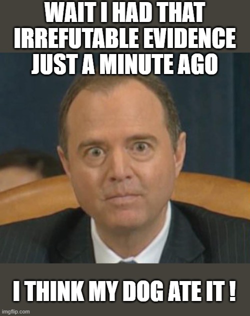 Crazy Adam Schiff | WAIT I HAD THAT IRREFUTABLE EVIDENCE JUST A MINUTE AGO I THINK MY DOG ATE IT ! | image tagged in crazy adam schiff | made w/ Imgflip meme maker