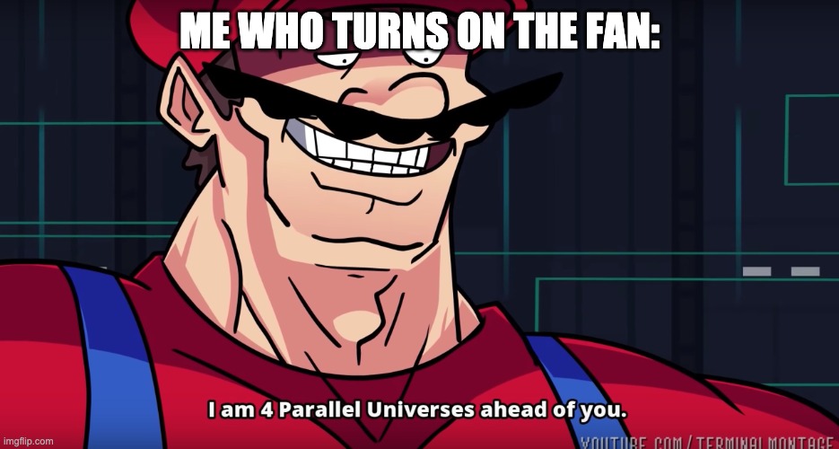 Mario I am four parallel universes ahead of you | ME WHO TURNS ON THE FAN: | image tagged in mario i am four parallel universes ahead of you | made w/ Imgflip meme maker
