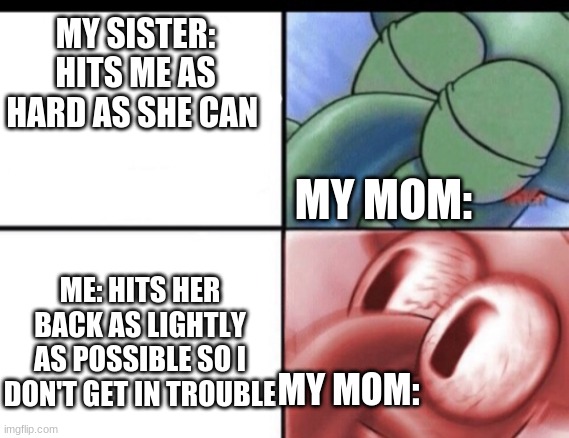 My mom be like | MY SISTER: HITS ME AS HARD AS SHE CAN; MY MOM:; ME: HITS HER BACK AS LIGHTLY AS POSSIBLE SO I DON'T GET IN TROUBLE; MY MOM: | image tagged in squidward sleeping then waking up,facts,moms,funny memes | made w/ Imgflip meme maker