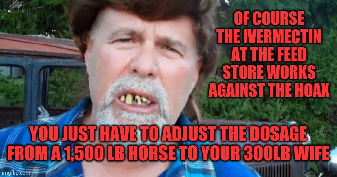 Angry redneck hillbilly Trump voter | OF COURSE THE IVERMECTIN AT THE FEED STORE WORKS AGAINST THE HOAX; YOU JUST HAVE TO ADJUST THE DOSAGE FROM A 1,500 LB HORSE TO YOUR 300LB WIFE | image tagged in angry redneck hillbilly trump voter | made w/ Imgflip meme maker