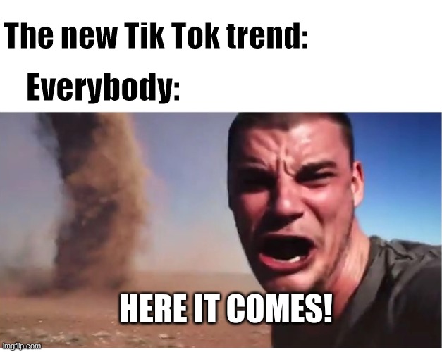 Oh no! | Everybody:; The new Tik Tok trend:; HERE IT COMES! | image tagged in here it come meme | made w/ Imgflip meme maker