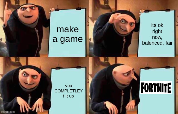 Gru's Plan Meme | make a game; its ok right now, balenced, fair; you COMPLETLEY f it up | image tagged in memes,gru's plan | made w/ Imgflip meme maker