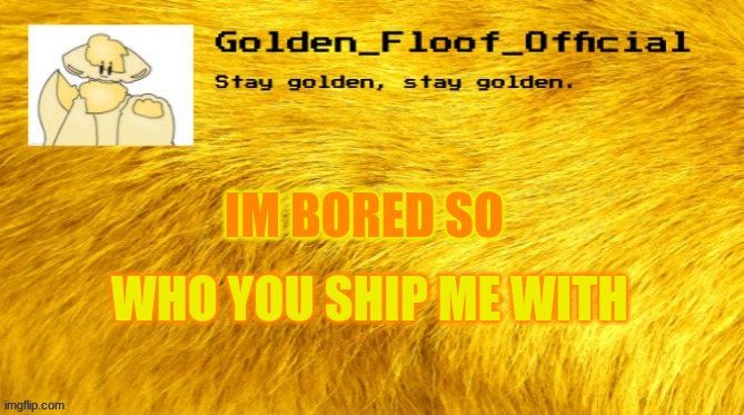 Frick it | IM BORED SO; WHO YOU SHIP ME WITH | image tagged in golden floof announcement template | made w/ Imgflip meme maker