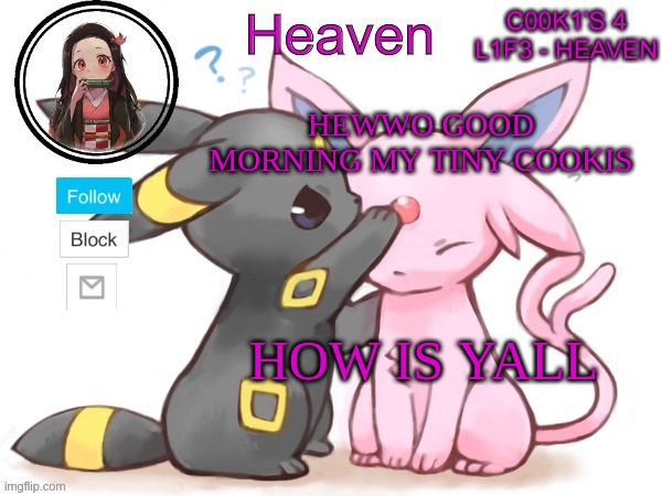 morning | HEWWO GOOD MORNING MY TINY COOKIS; HOW IS YALL | image tagged in heaven s temp | made w/ Imgflip meme maker