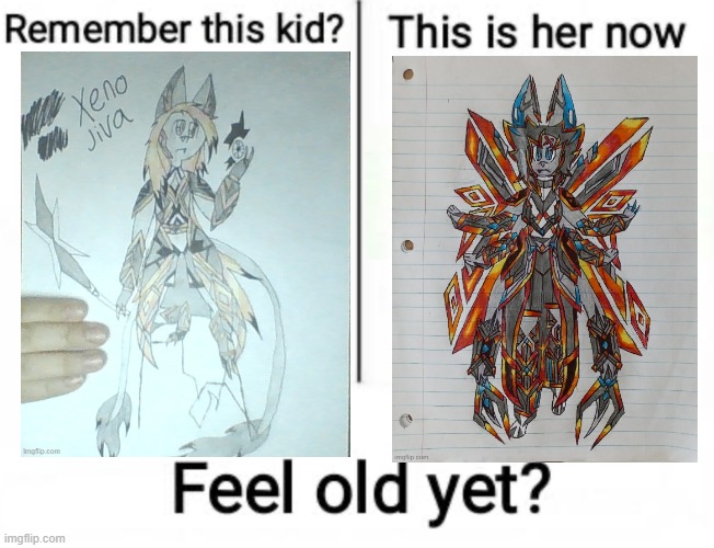Oh wow I improved I think-(Comparing Xeno's first drawing with her latest.) | image tagged in remember this kid | made w/ Imgflip meme maker