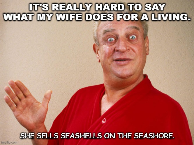 Daily Bad Dad Joke Sept 21 2021 |  IT'S REALLY HARD TO SAY WHAT MY WIFE DOES FOR A LIVING. SHE SELLS SEASHELLS ON THE SEASHORE. | image tagged in rodney dangerfield | made w/ Imgflip meme maker
