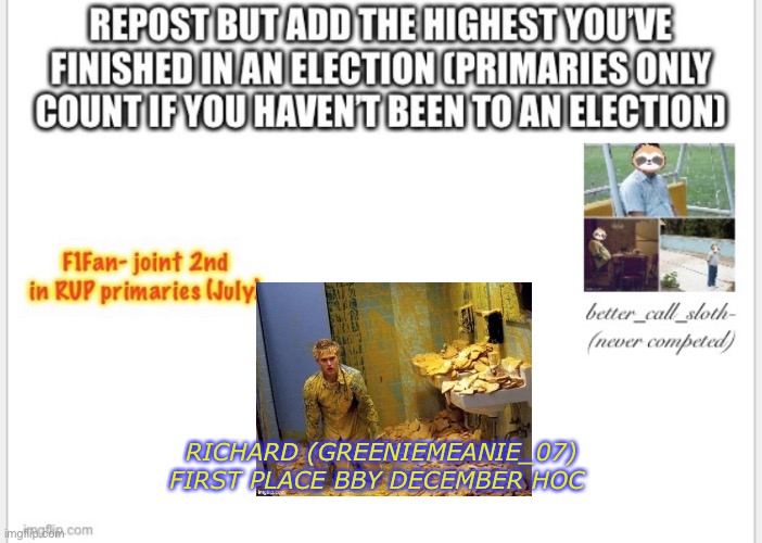 I win sjhdhsjaaj | RICHARD (GREENIEMEANIE_07) FIRST PLACE BBY DECEMBER HOC | made w/ Imgflip meme maker