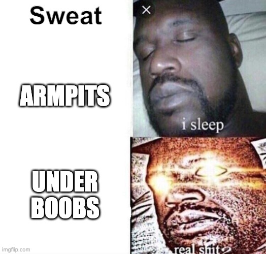 now i'm sticky and gross :( | Sweat; ARMPITS; UNDER BOOBS | image tagged in i sleep real shit,mildlyfunny | made w/ Imgflip meme maker