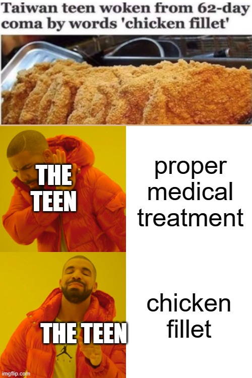 Drake Hotline Bling Meme | proper medical treatment; THE TEEN; chicken fillet; THE TEEN | image tagged in memes,drake hotline bling | made w/ Imgflip meme maker