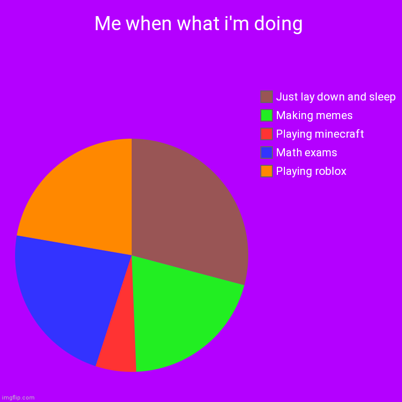 Me when what im doing | Me when what i'm doing | Playing roblox, Math exams, Playing minecraft, Making memes, Just lay down and sleep | image tagged in charts,pie charts | made w/ Imgflip chart maker