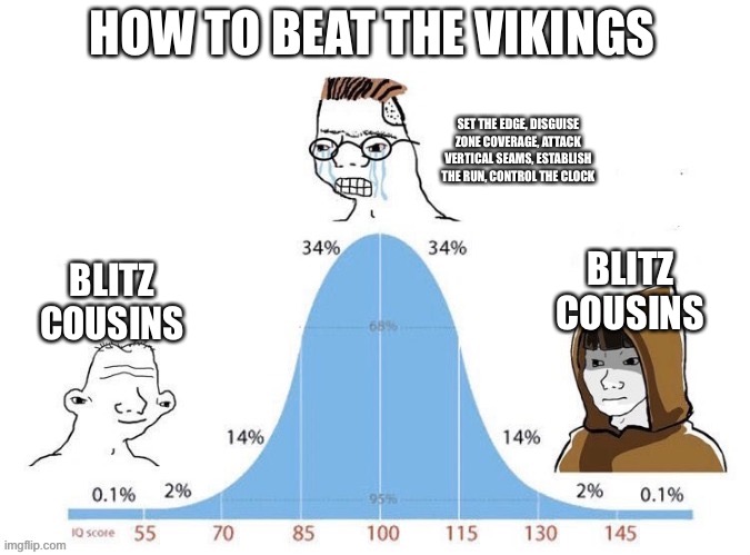 bell curve | HOW TO BEAT THE VIKINGS; SET THE EDGE, DISGUISE ZONE COVERAGE, ATTACK VERTICAL SEAMS, ESTABLISH THE RUN, CONTROL THE CLOCK; BLITZ COUSINS; BLITZ COUSINS | image tagged in bell curve | made w/ Imgflip meme maker