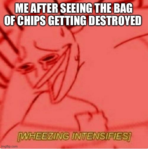 Wheeze | ME AFTER SEEING THE BAG OF CHIPS GETTING DESTROYED | image tagged in wheeze | made w/ Imgflip meme maker