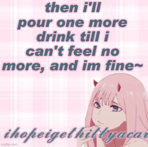 (song is Fine- Kayden) | then i'll pour one more drink till i can't feel no more, and im fine~ | image tagged in ihopeigethitbyacar template 3 | made w/ Imgflip meme maker