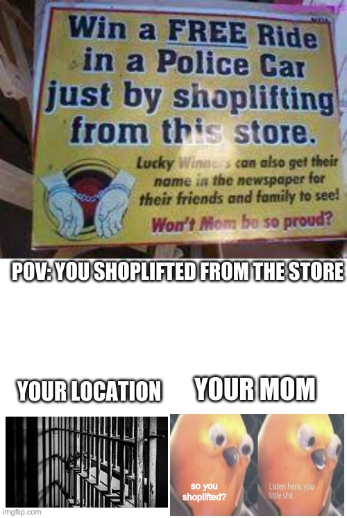  POV: YOU SHOPLIFTED FROM THE STORE; YOUR LOCATION; YOUR MOM; so you shoplifted? | image tagged in blank white template,listen here you little shit bird,memes,funny,shoplifting,mom | made w/ Imgflip meme maker
