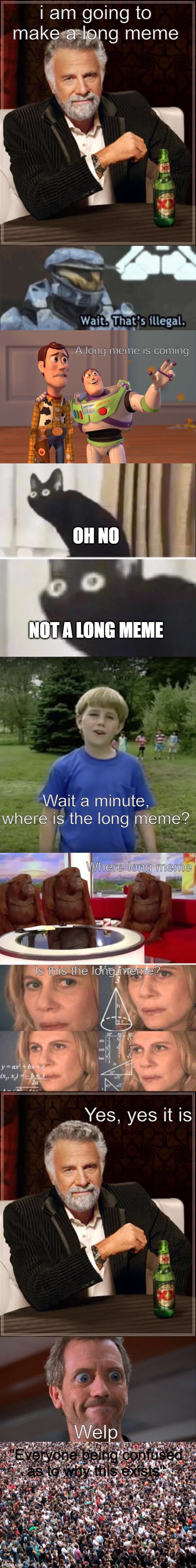 Long meme | i am going to make a long meme; A long meme is coming; OH NO; NOT A LONG MEME; Wait a minute, where is the long meme? Where long meme; Is this the long meme? Yes, yes it is; Welp; "Everyone being confused as to why this exists" | image tagged in memes,the most interesting man in the world,wait that s illegal,x x everywhere,oh no black cat,where monkey | made w/ Imgflip meme maker