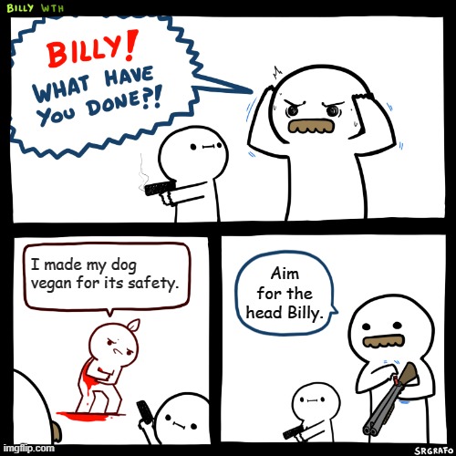 Dogs can't go vegan | I made my dog vegan for its safety. Aim for the head Billy. | image tagged in billy what have you done | made w/ Imgflip meme maker