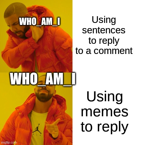 Drake Hotline Bling Meme | Using sentences to reply to a comment Using memes to reply WHO_AM_I WHO_AM_I | image tagged in memes,drake hotline bling | made w/ Imgflip meme maker
