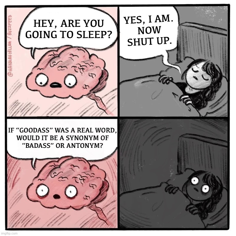 HEY, ARE YOU GOING TO SLEEP? YES, I AM.
NOW
SHUT UP. IF “GOODASS” WAS A REAL WORD,
WOULD IT BE A SYNONYM OF
“BADASS” OR ANTONYM? | image tagged in funny,memes,hey you going to sleep,brain before sleep,badass,vocabulary | made w/ Imgflip meme maker