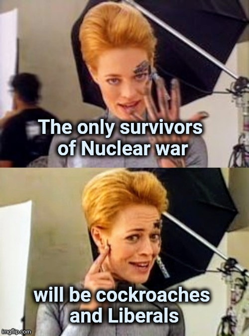 7 of 9 joke | The only survivors
 of Nuclear war will be cockroaches 
and Liberals | image tagged in 7 of 9 joke | made w/ Imgflip meme maker