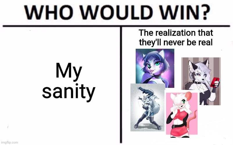 Heh | My sanity; The realization that they'll never be real | image tagged in simp,furry,funny,memes,who would win | made w/ Imgflip meme maker