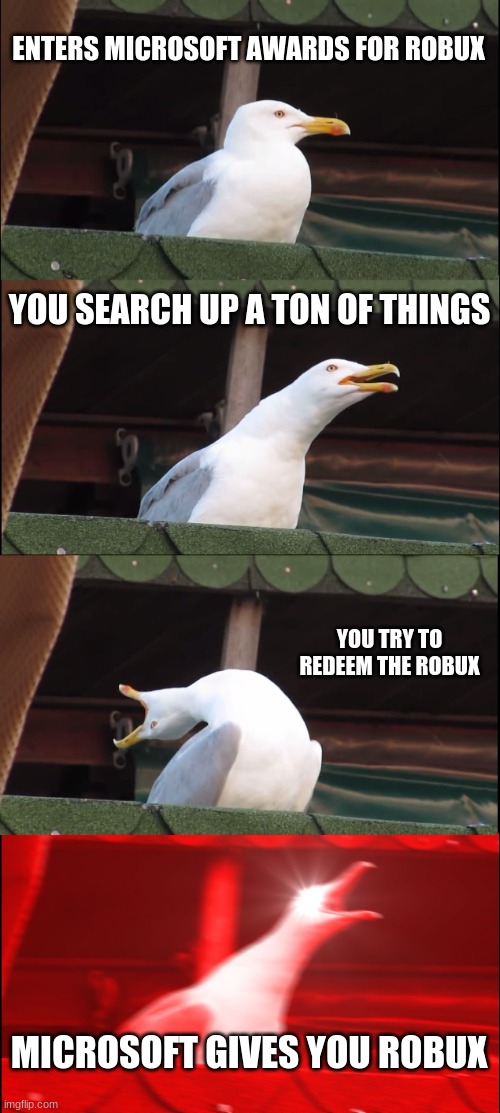 microsoft literally gave me robux ( | ENTERS MICROSOFT AWARDS FOR ROBUX; YOU SEARCH UP A TON OF THINGS; YOU TRY TO REDEEM THE ROBUX; MICROSOFT GIVES YOU ROBUX | image tagged in memes,inhaling seagull,roblox,robux | made w/ Imgflip meme maker