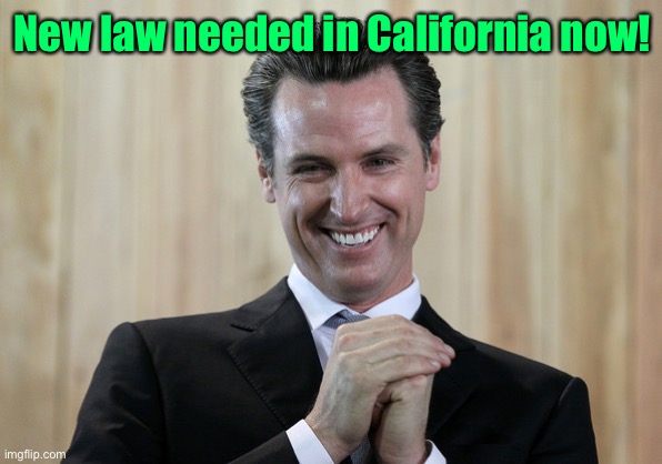 Scheming Gavin Newsom  | New law needed in California now! | image tagged in scheming gavin newsom | made w/ Imgflip meme maker